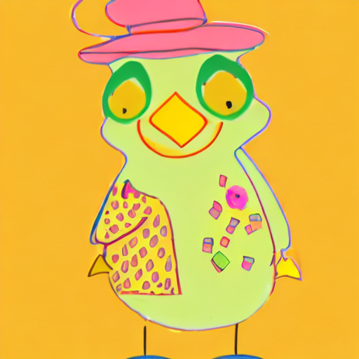 AI image generated of A green and pink drawing of a bird with a pink hat.