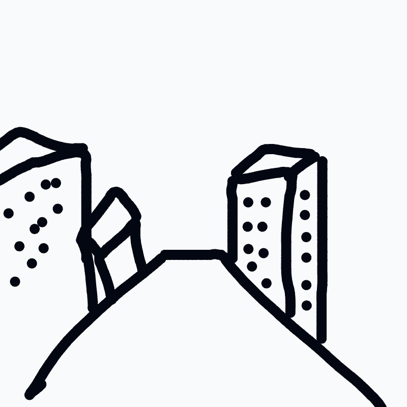 A black and white drawing of a cityscape.