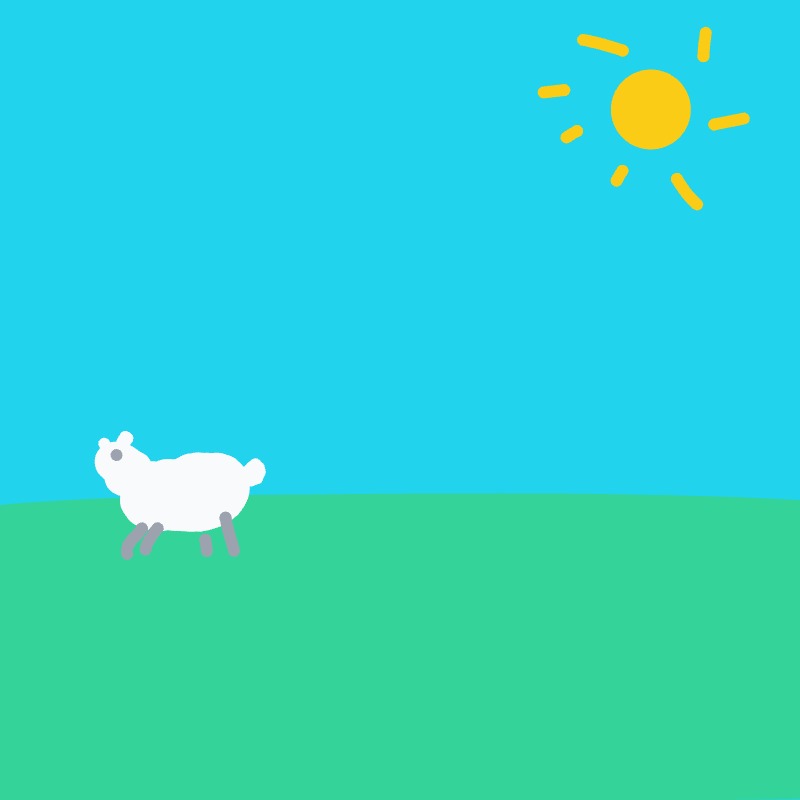 A sheep is standing in a field under a sun.