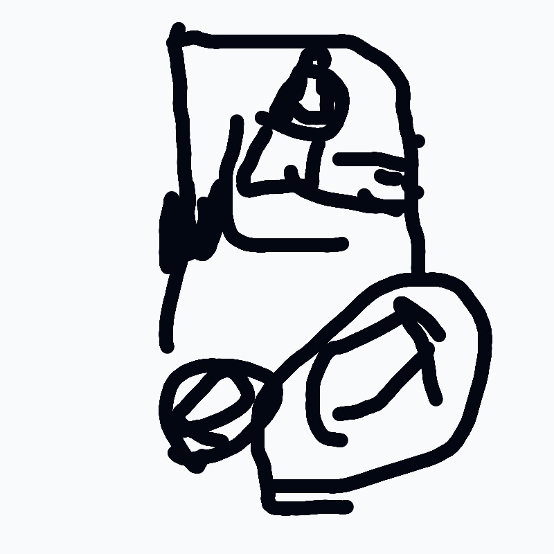 A black and white drawing of a car with a person in it.