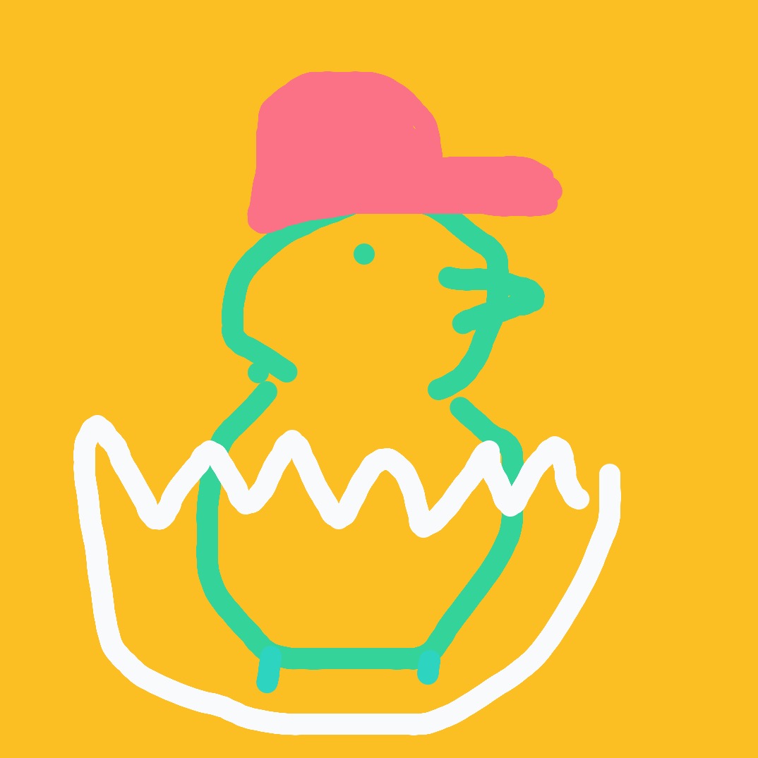 A drawing of a duck with a pink hat and green wings.